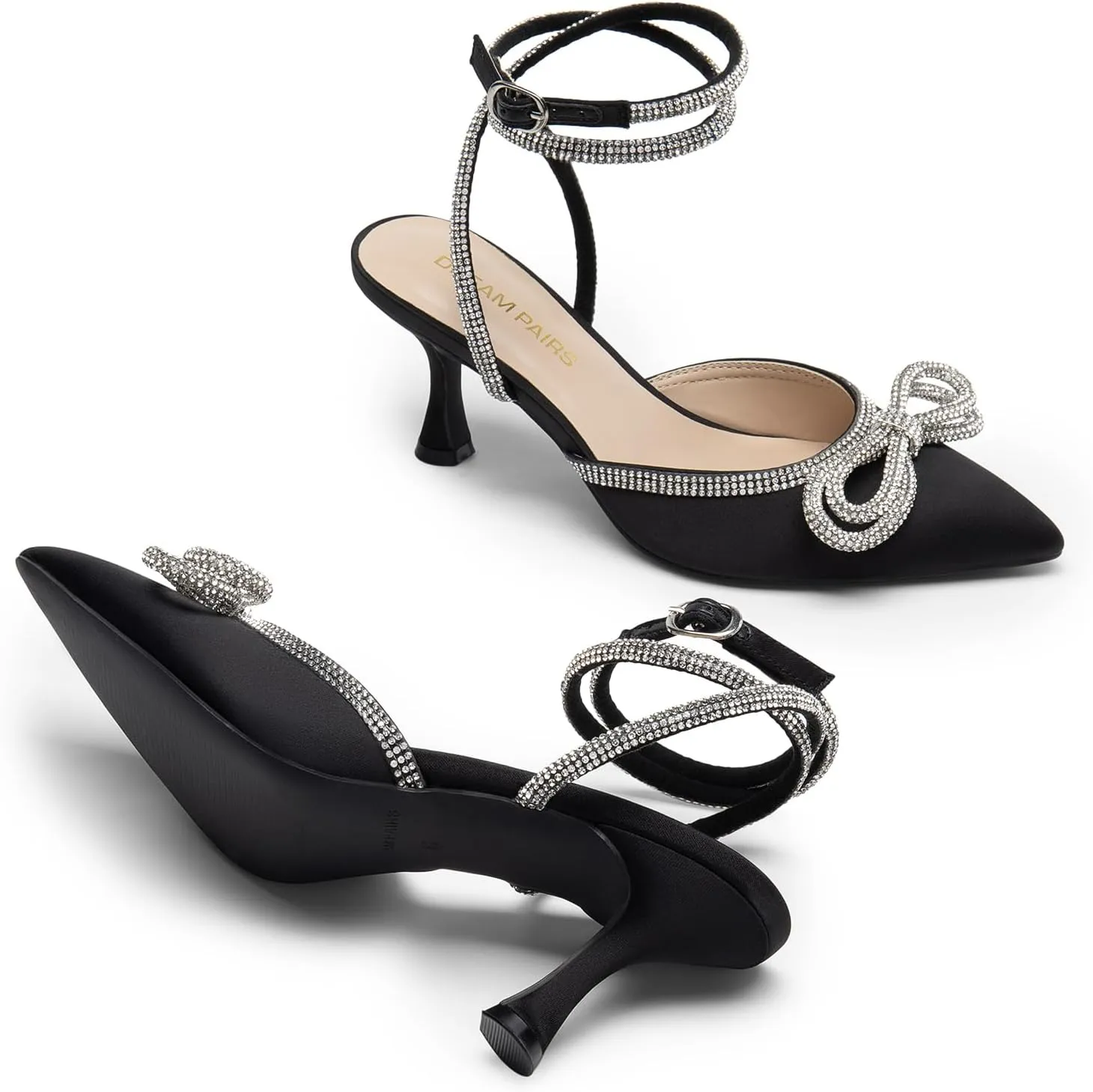 DREAM PAIRS Kitten Heels Rhinestone Bow Ankle Strap Stiletto Pointed Closed Toe Heels for Women Pumps Wedding Bridal Party Dress Shoes