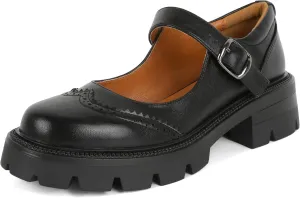 Eldof Women's Mary Jane Shoes Platform Lug Sole Low Heel Chunky Pumps Round Toe Ankle Strap Oxfords Dress Shoes for Uniform Graduation School Work 2 Inches