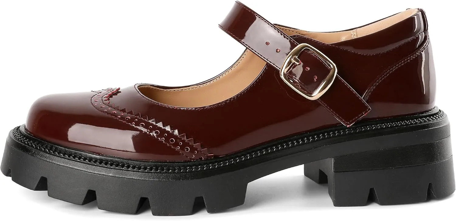 Eldof Women's Mary Jane Shoes Platform Lug Sole Low Heel Chunky Pumps Round Toe Ankle Strap Oxfords Dress Shoes for Uniform Graduation School Work 2 Inches