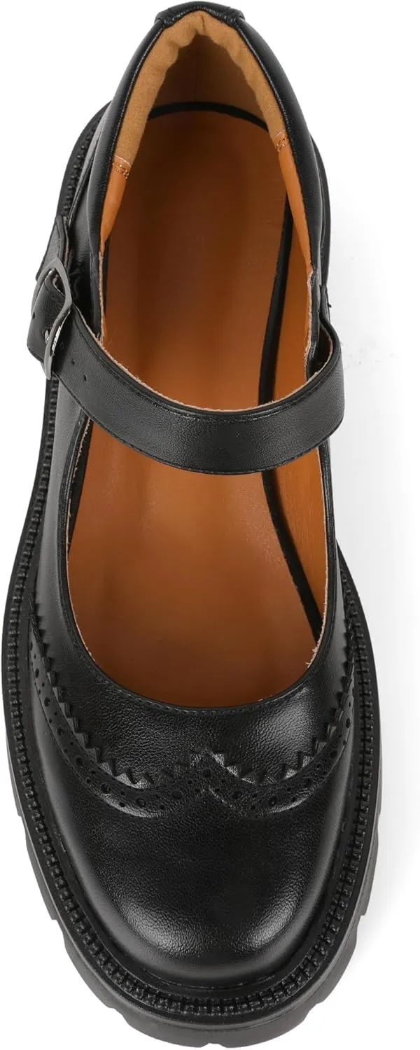 Eldof Women's Mary Jane Shoes Platform Lug Sole Low Heel Chunky Pumps Round Toe Ankle Strap Oxfords Dress Shoes for Uniform Graduation School Work 2 Inches