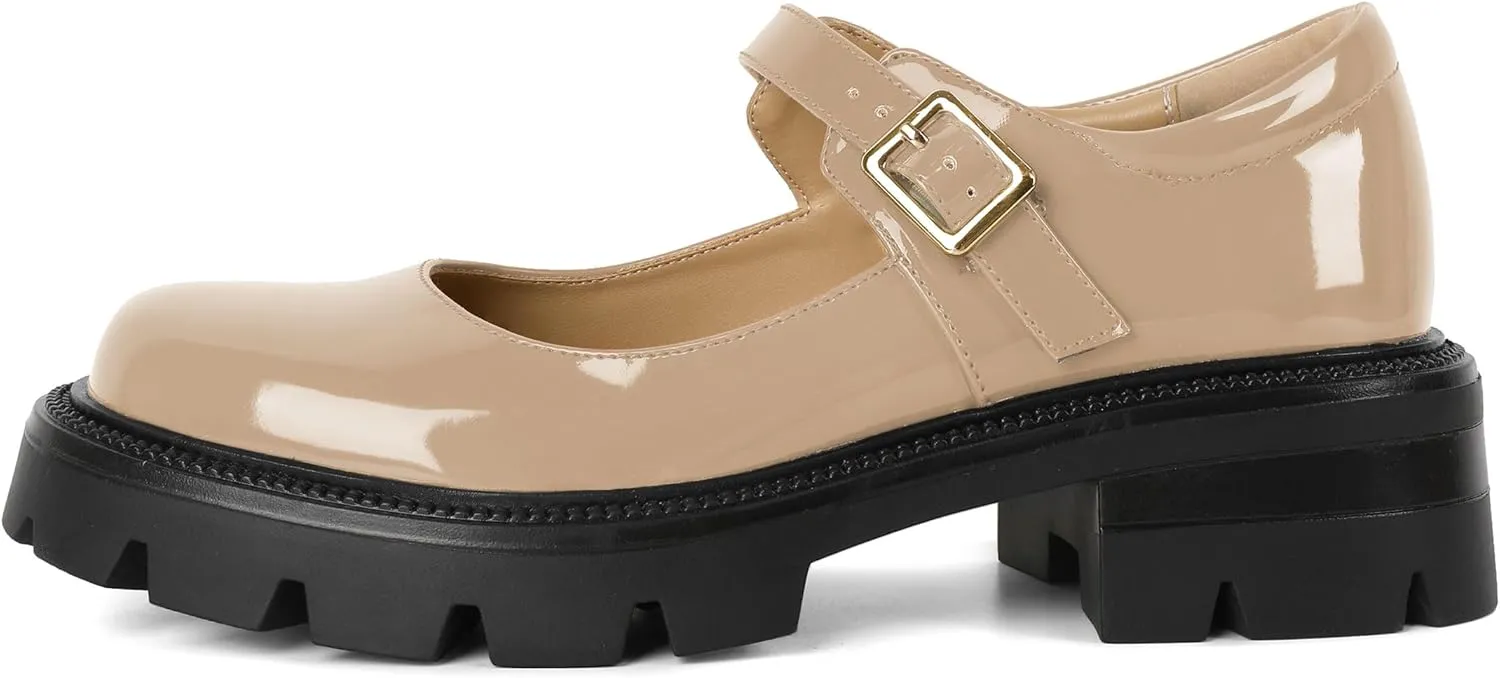 Eldof Women's Mary Jane Shoes Platform Lug Sole Low Heel Chunky Pumps Round Toe Ankle Strap Oxfords Dress Shoes for Uniform Graduation School Work 2 Inches