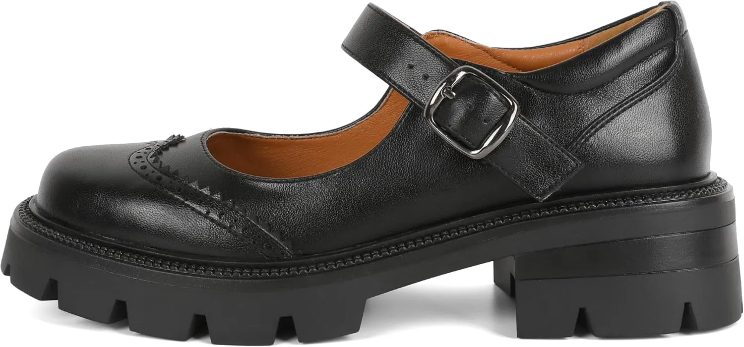 Eldof Women's Mary Jane Shoes Platform Lug Sole Low Heel Chunky Pumps Round Toe Ankle Strap Oxfords Dress Shoes for Uniform Graduation School Work 2 Inches