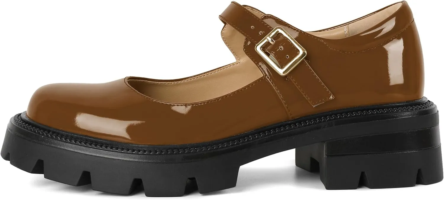 Eldof Women's Mary Jane Shoes Platform Lug Sole Low Heel Chunky Pumps Round Toe Ankle Strap Oxfords Dress Shoes for Uniform Graduation School Work 2 Inches