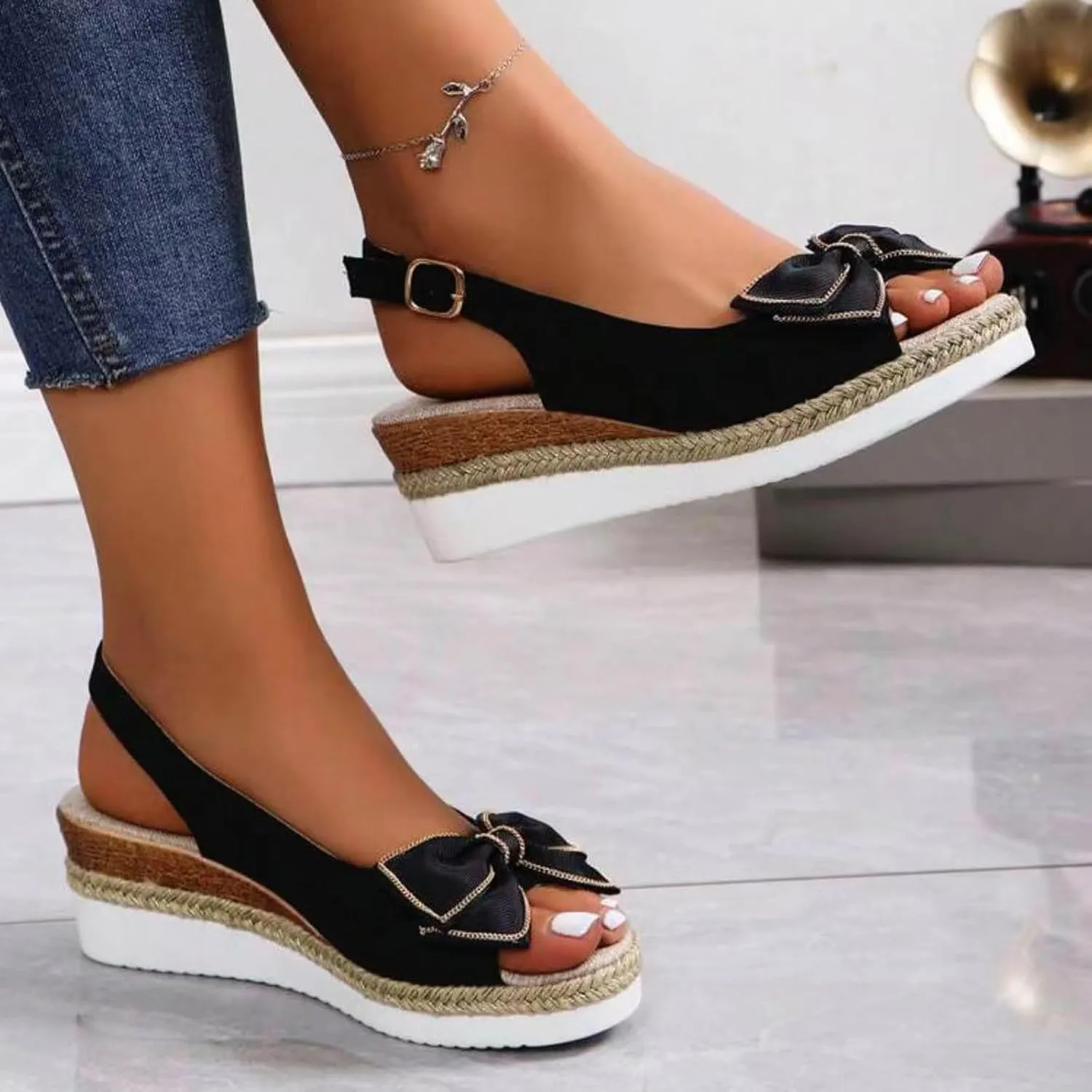 Espadrilles Platform Wedge Sandals Women Classic Bow Knot Open Toe Buckle Slingback Wedge Sandals Summer Dress Shoes Lightweight Comfortable Summer Casual Sandals