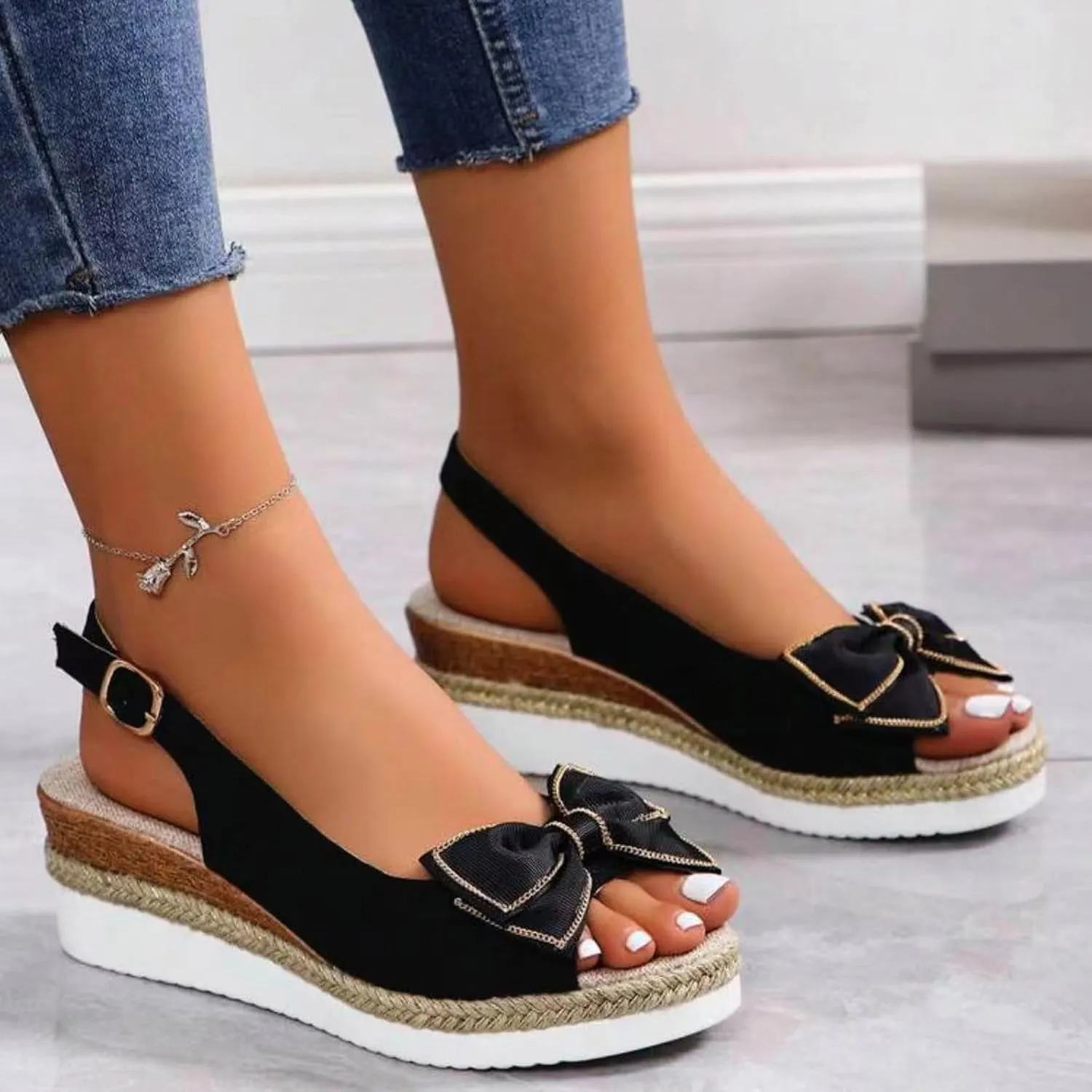 Espadrilles Platform Wedge Sandals Women Classic Bow Knot Open Toe Buckle Slingback Wedge Sandals Summer Dress Shoes Lightweight Comfortable Summer Casual Sandals