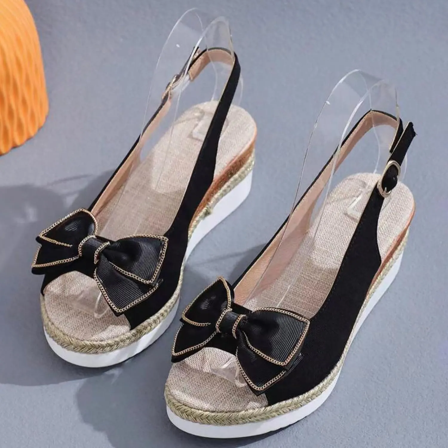 Espadrilles Platform Wedge Sandals Women Classic Bow Knot Open Toe Buckle Slingback Wedge Sandals Summer Dress Shoes Lightweight Comfortable Summer Casual Sandals
