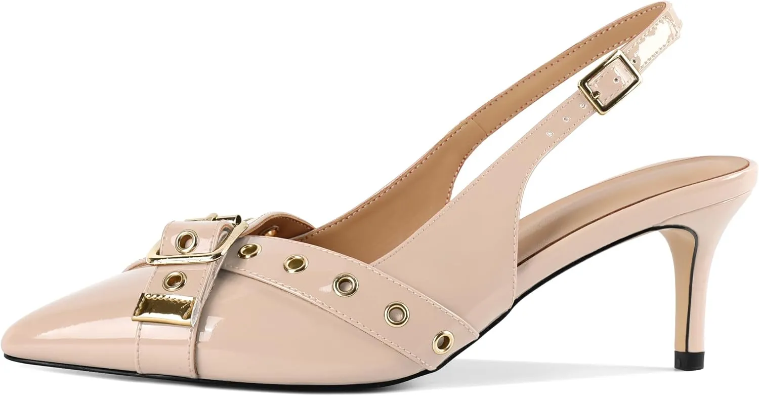 Esvowido Low Kitten Heel Pumps for Women Pointed Closed Toe Slingback Kitten Heels Slingback Slip-on Dress Shoes