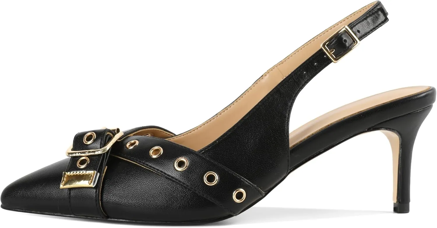 Esvowido Low Kitten Heel Pumps for Women Pointed Closed Toe Slingback Kitten Heels Slingback Slip-on Dress Shoes