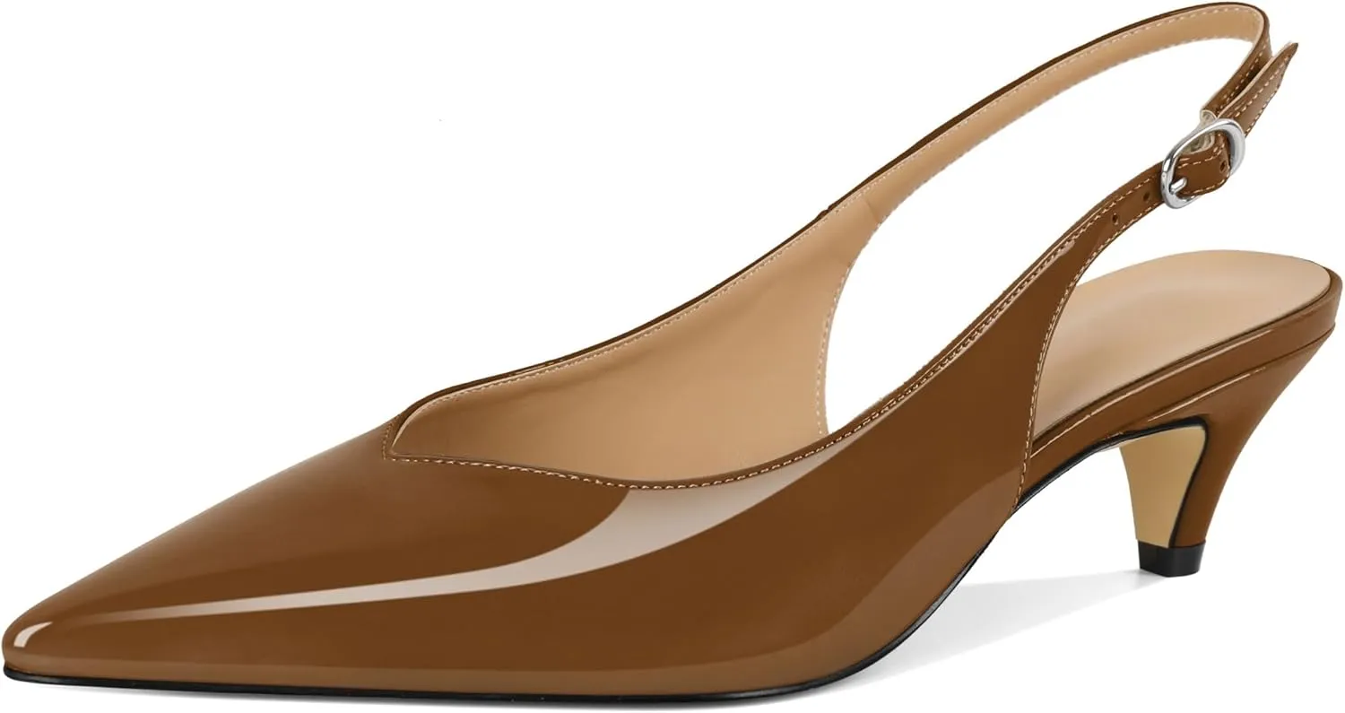 Esvowido Women's Low Kitten Heel Pumps Slingback Pointed Toe Pump 2" Low Heels Closed Toe Pumps Comfortable Patent Leather Pump for Women Office