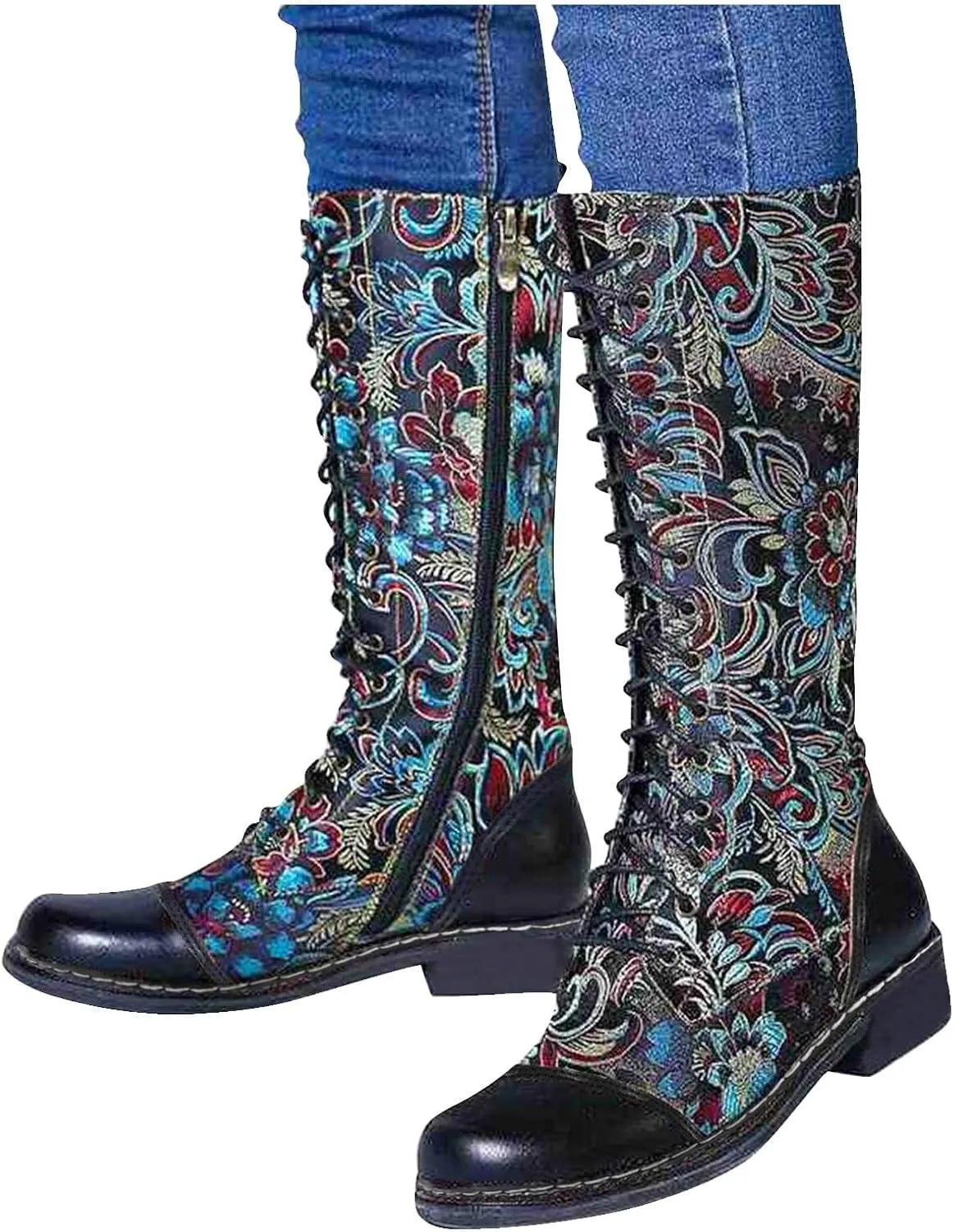 Extra Wide Calf Boots for Women Brown Black Knee High Boots for Women Low Heel Pointed Toe Black Western Boots Women Square Extra Wide Leg Cowgirl Boots Women Womens Black and White Cowboy Boot