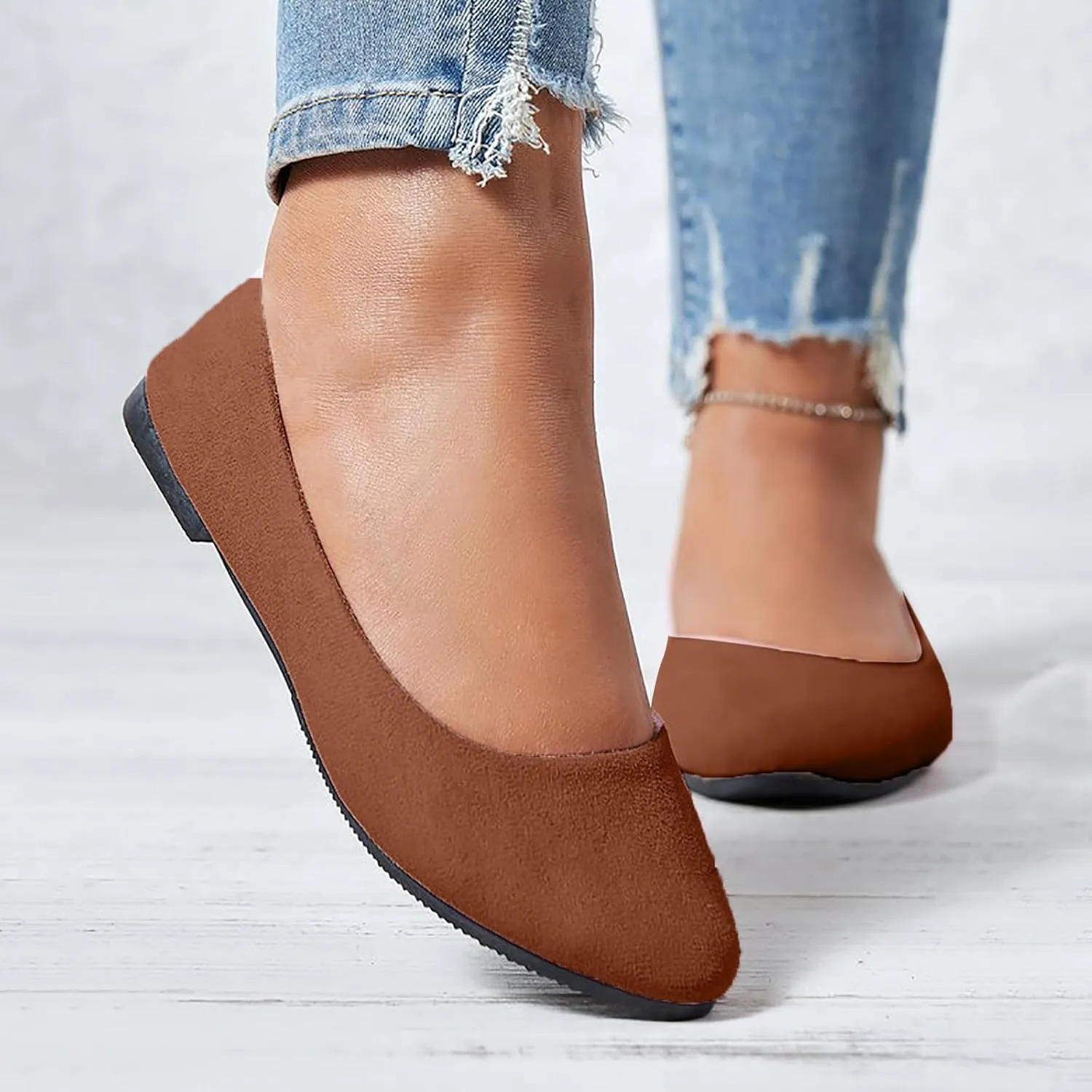 Flat Shoes for Women Comfortable Slip On Walking Ballerina Shoe Ladies Pointed-Toe Ballet Flats Suede Shallow Single-Shoes