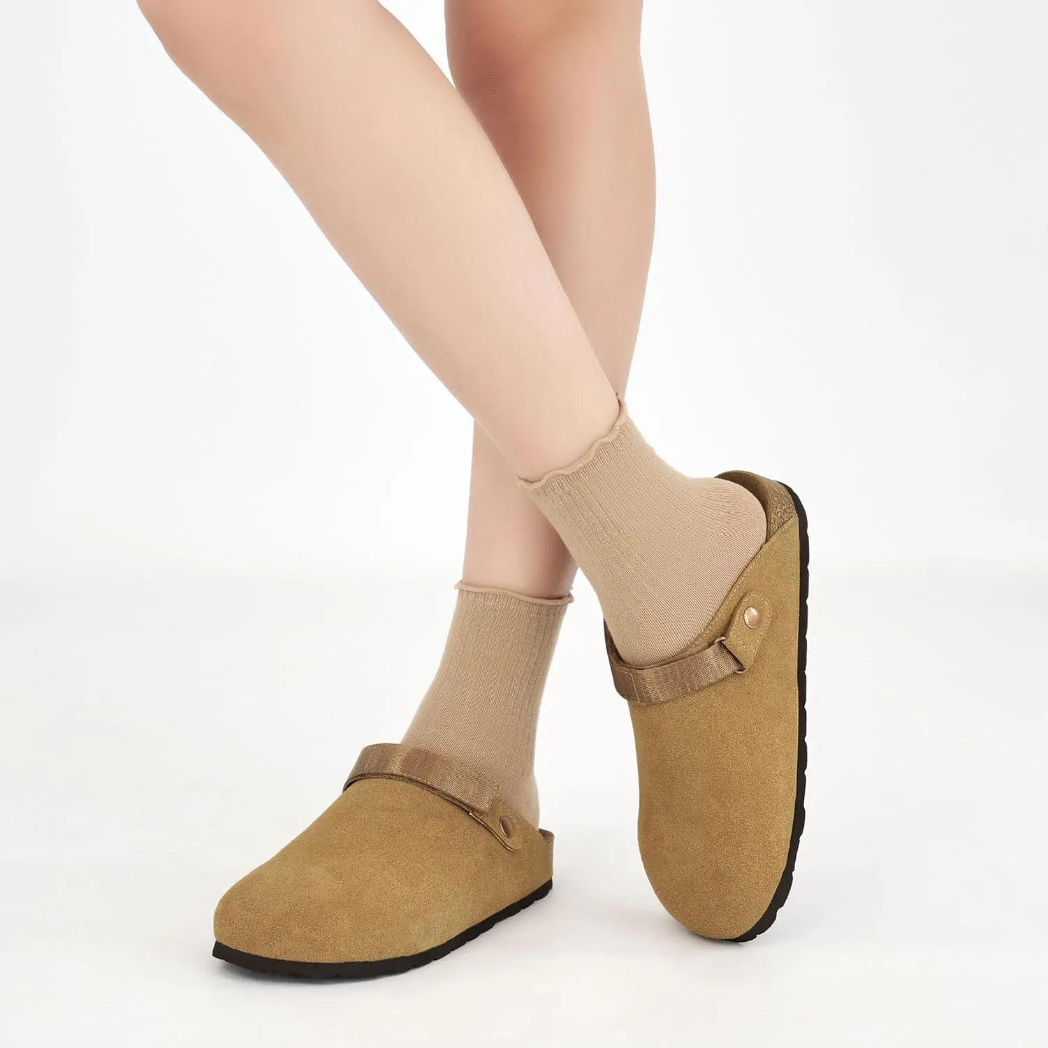 FUDYNMALC Womens Clogs Slip On Shoes: Suede Cork Footbed Mules Women 2025 Potato Slippers with Adjustable Swivel Strap