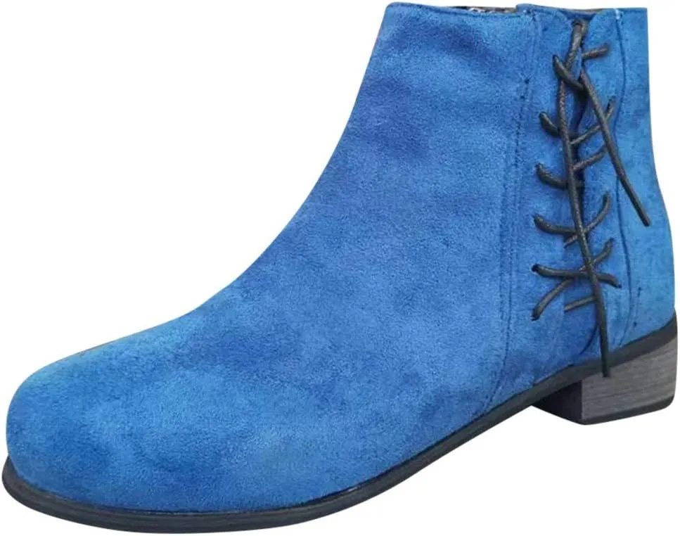 Gibobby Ankle Boots for Women Low Heel,Ankle Booties Round Toe Faux Stacked Chunky Heel Side Lace Up Short Winter Booties