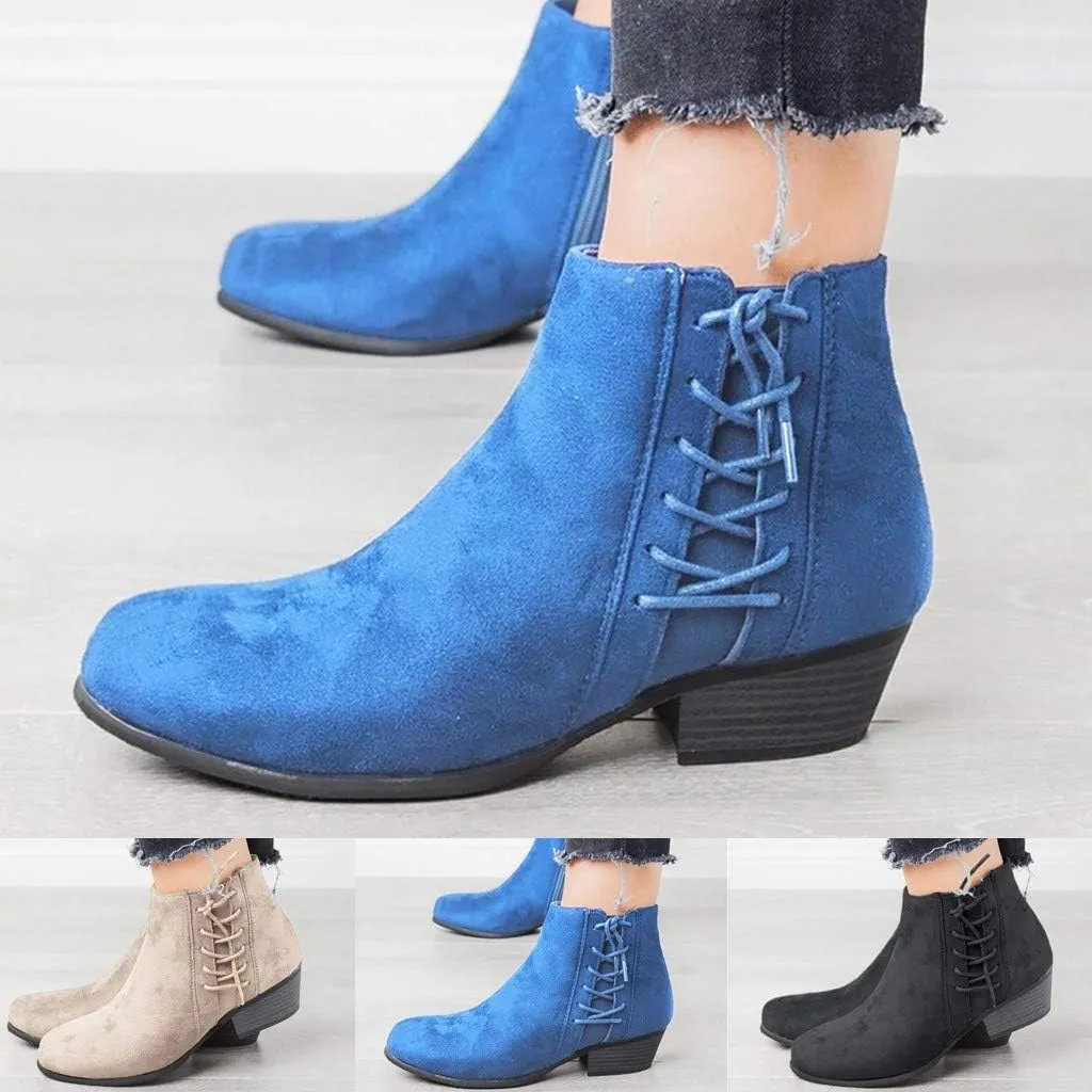 Gibobby Ankle Boots for Women Low Heel,Ankle Booties Round Toe Faux Stacked Chunky Heel Side Lace Up Short Winter Booties