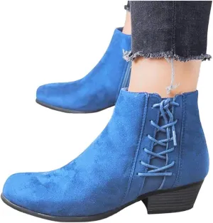 Gibobby Ankle Boots for Women Low Heel,Ankle Booties Round Toe Faux Stacked Chunky Heel Side Lace Up Short Winter Booties