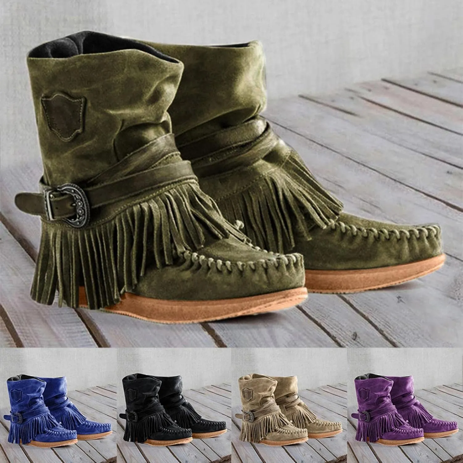 Gibobby Ankle Boots for Women Mid Knee High Boots Platform Heel Fringe Side Zipper Fashion Winter Shoes Cowboy Booties