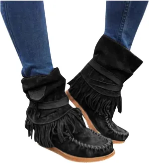 Gibobby Ankle Boots for Women Mid Knee High Boots Platform Heel Fringe Side Zipper Fashion Winter Shoes Cowboy Booties