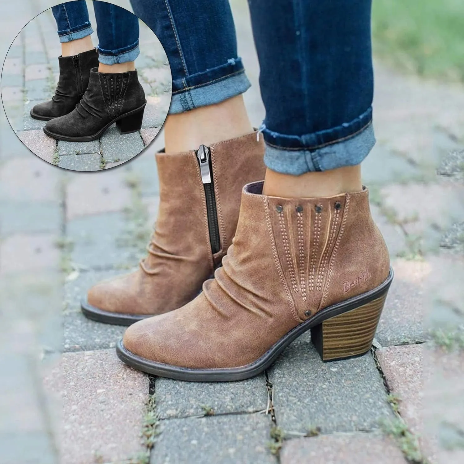 Gibobby Booties for Women Low Heel,Retro Zipper Short Warm Boots Closed Toe Low Heel Combat Western Shoes