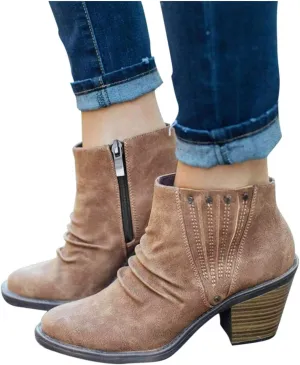 Gibobby Booties for Women Low Heel,Retro Zipper Short Warm Boots Closed Toe Low Heel Combat Western Shoes