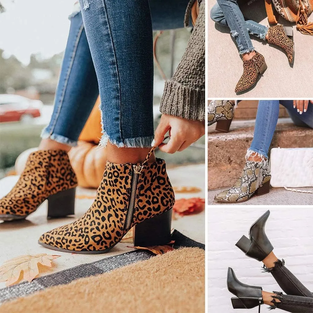 Gibobby Booties for Women with Heel and Buckle,Ankle Boots Round Toe Faux Stacked Low Heel Side Zipper Winter Boots