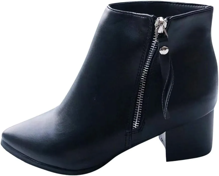 Gibobby Booties for Women with Heel and Buckle,Ankle Boots Round Toe Faux Stacked Low Heel Side Zipper Winter Boots