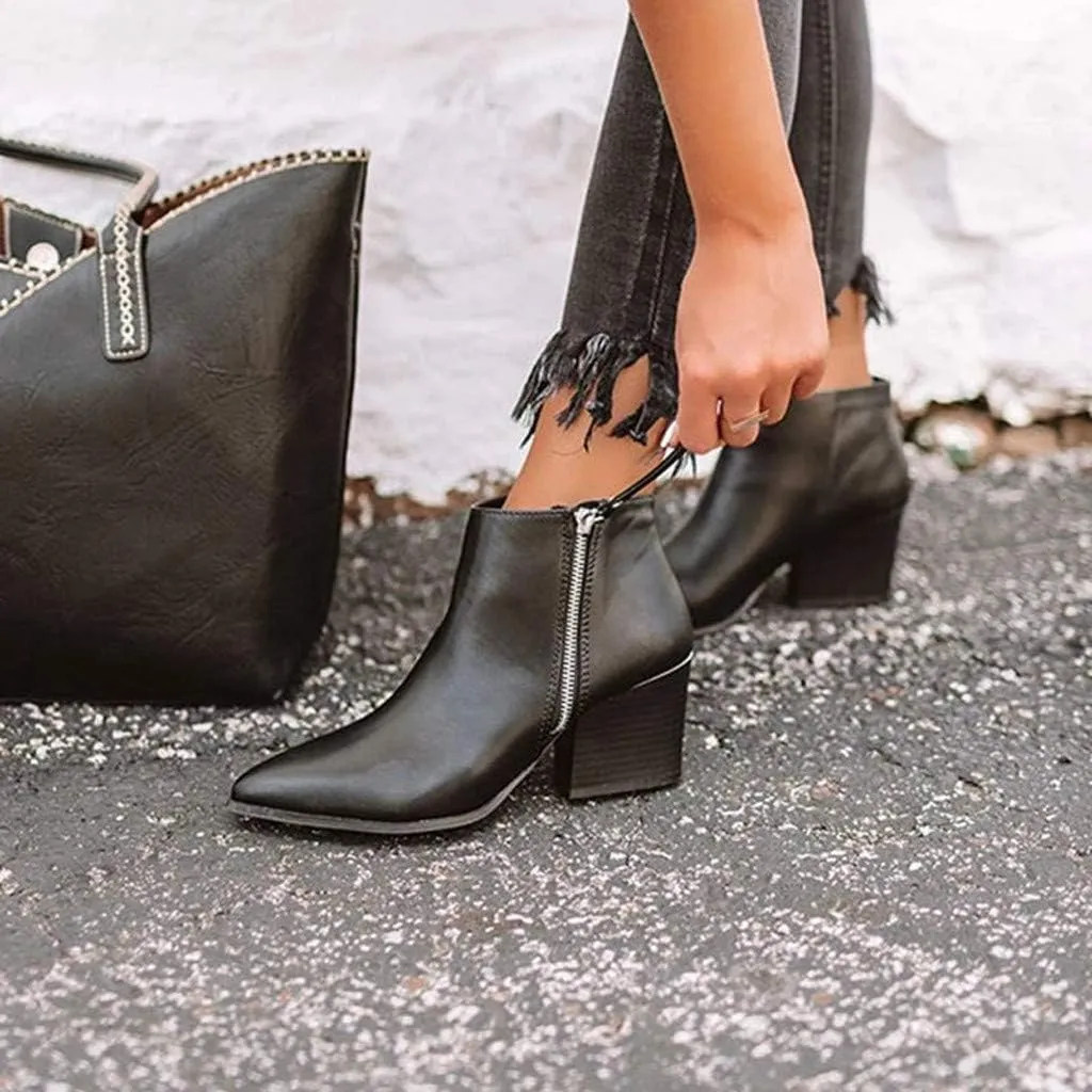 Gibobby Booties for Women with Heel and Buckle,Ankle Boots Round Toe Faux Stacked Low Heel Side Zipper Winter Boots