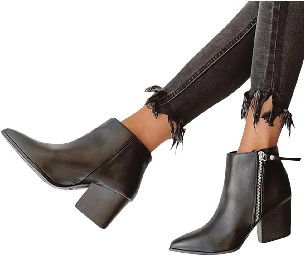 Gibobby Booties for Women with Heel and Buckle,Ankle Boots Round Toe Faux Stacked Low Heel Side Zipper Winter Boots