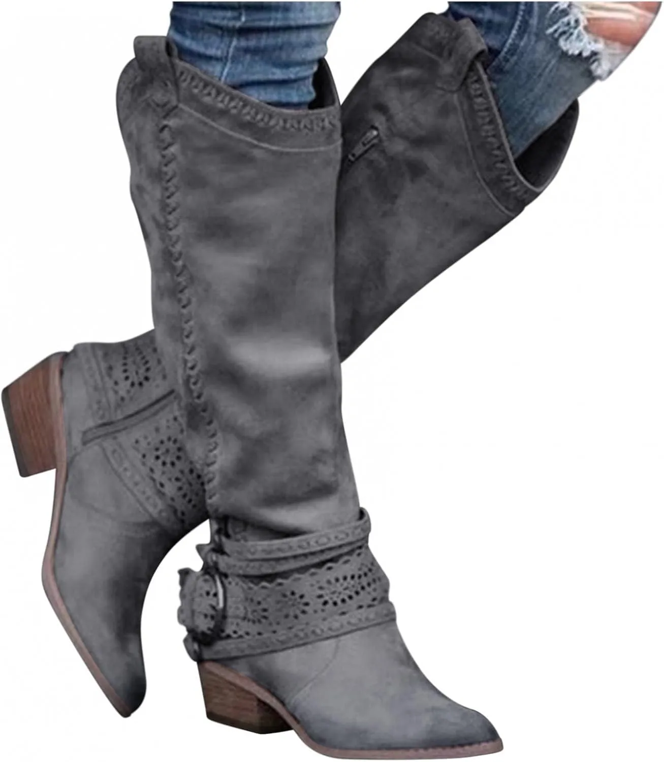 Gibobby Booties for Womens Mid Knee High Boots Chunky Heel Wide Calf Side Zipper Fashion Winter Cowboy Booties