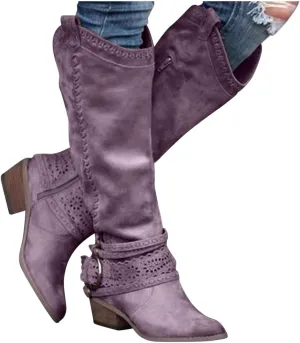 Gibobby Booties for Womens Mid Knee High Boots Chunky Heel Wide Calf Side Zipper Fashion Winter Shoes Cowboy Booties