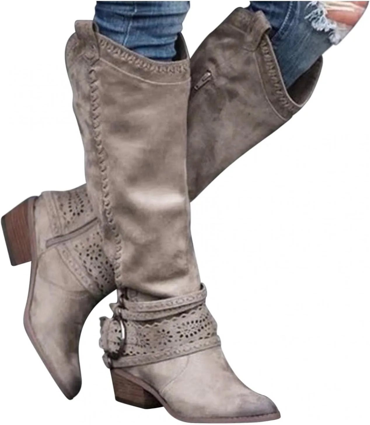 Gibobby Booties for Womens Mid Knee High Boots Chunky Heel Wide Calf Side Zipper Fashion Winter Shoes Cowboy Booties