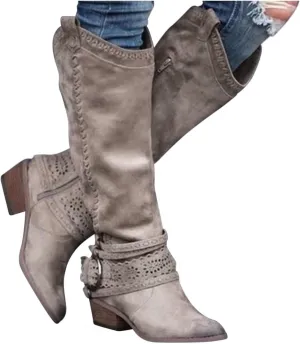 Gibobby Booties for Womens Mid Knee High Boots Chunky Heel Wide Calf Side Zipper Fashion Winter Shoes Cowboy Booties