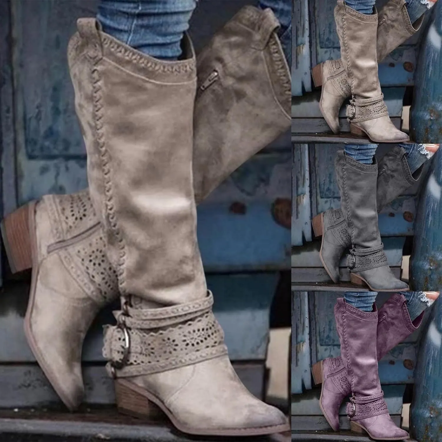 Gibobby Boots for Womens Mid Knee High Boots Chunky Heel Wide Calf Side Zipper Fashion Winter Shoes Cowboy Booties
