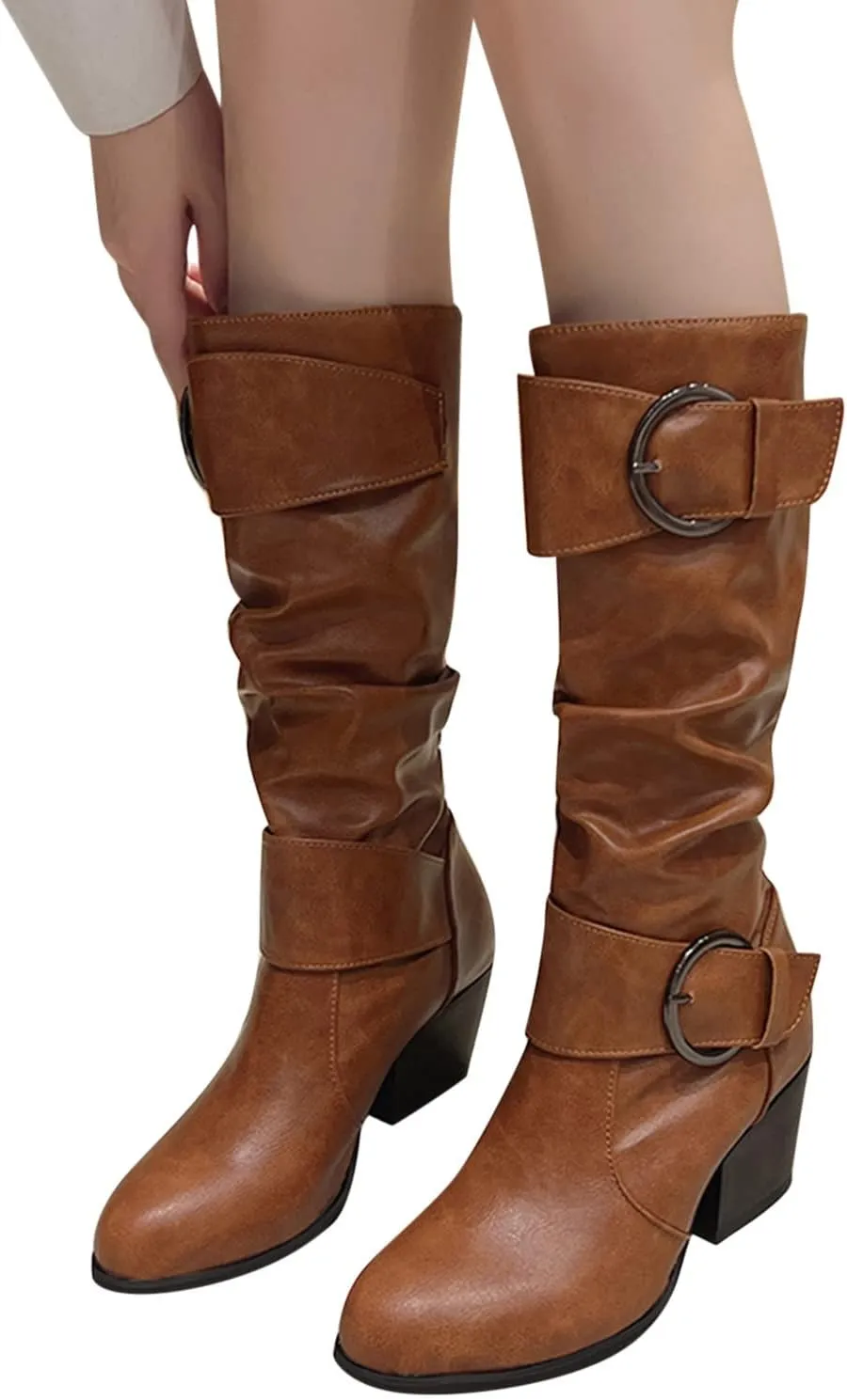 Gibobby Cowboy Boots for Women Square Toe Women Knee High Platform Boots Retro Ankle Boots Winter Short Boots 52