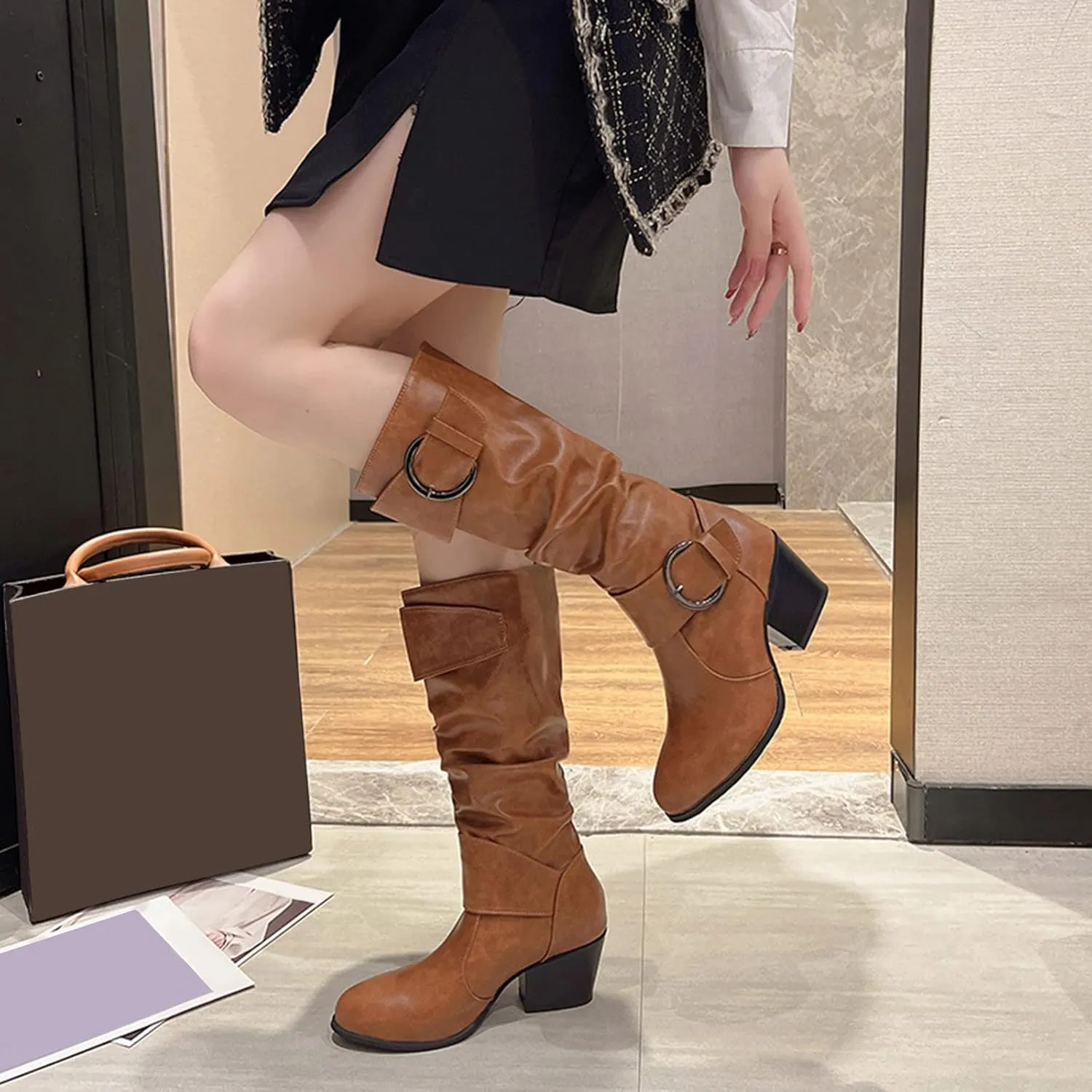 Gibobby Cowboy Boots for Women Square Toe Women Knee High Platform Boots Retro Ankle Boots Winter Short Boots 52