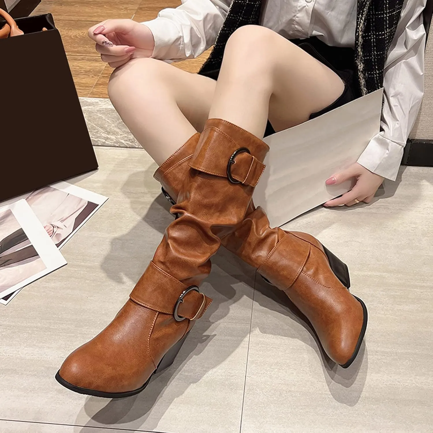 Gibobby Cowboy Boots for Women Square Toe Women Knee High Platform Boots Retro Ankle Boots Winter Short Boots 52