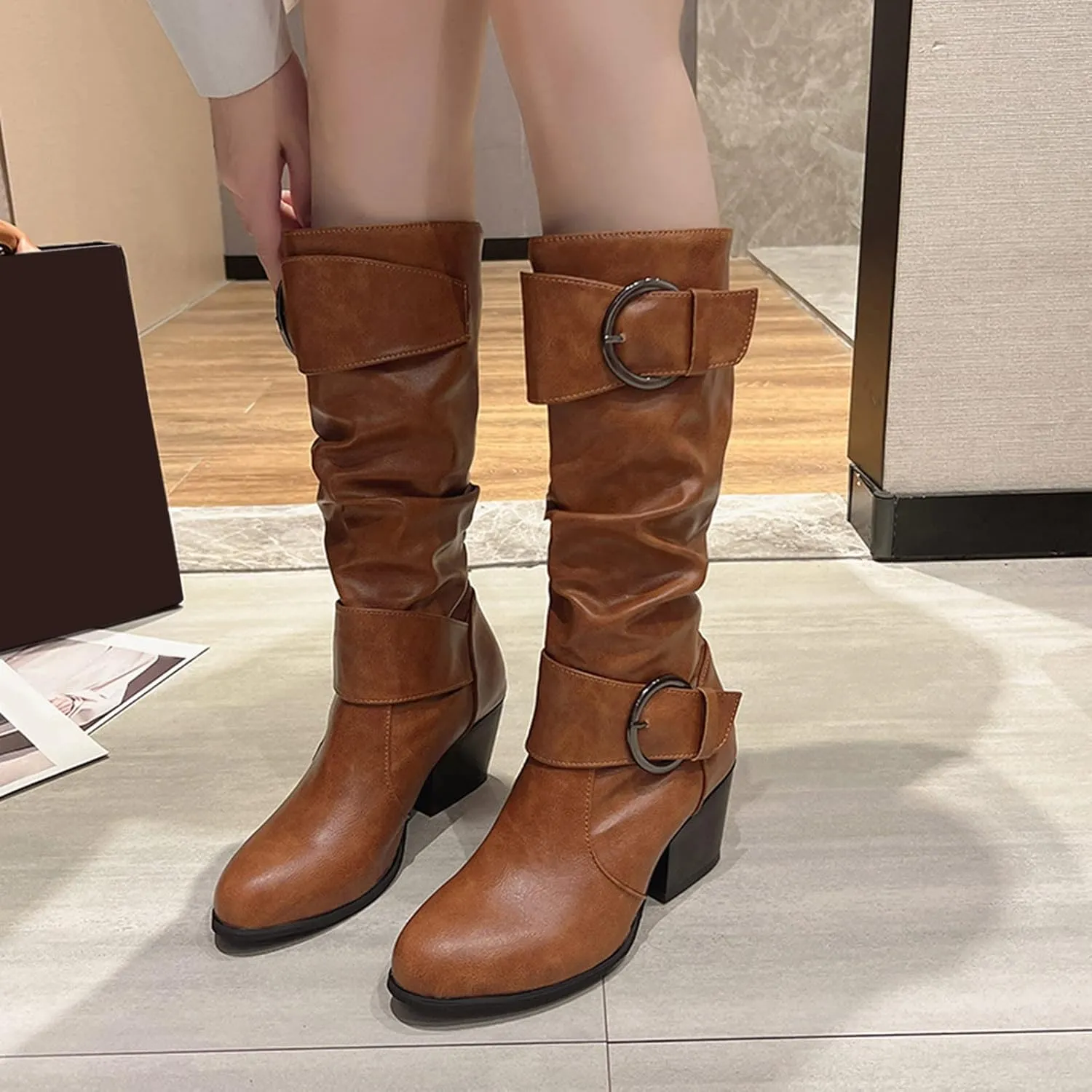 Gibobby Cowboy Boots for Women Square Toe Women Knee High Platform Boots Retro Ankle Boots Winter Short Boots 52