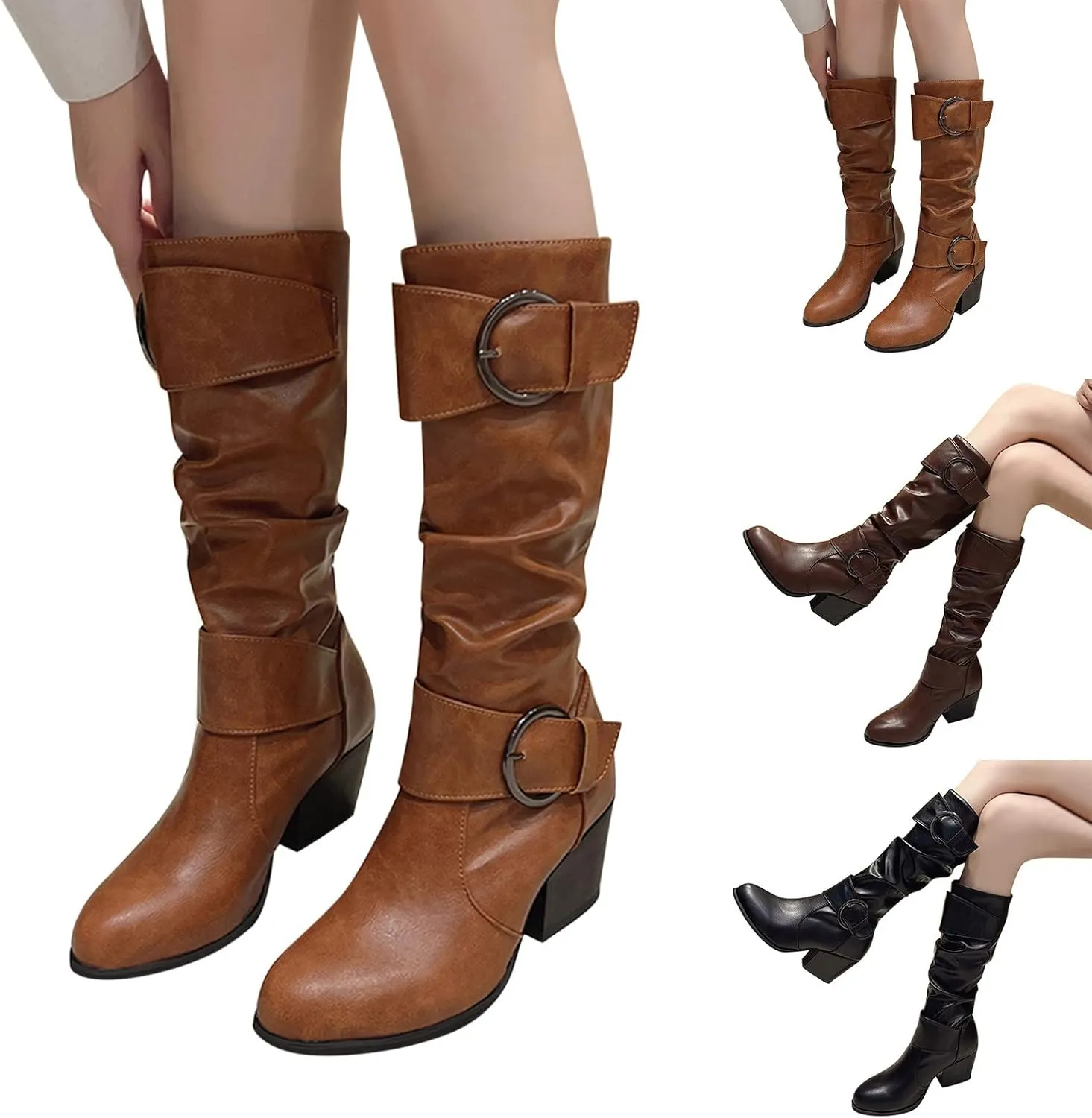 Gibobby Cowboy Boots for Women Square Toe Women Knee High Platform Boots Retro Ankle Boots Winter Short Boots 52