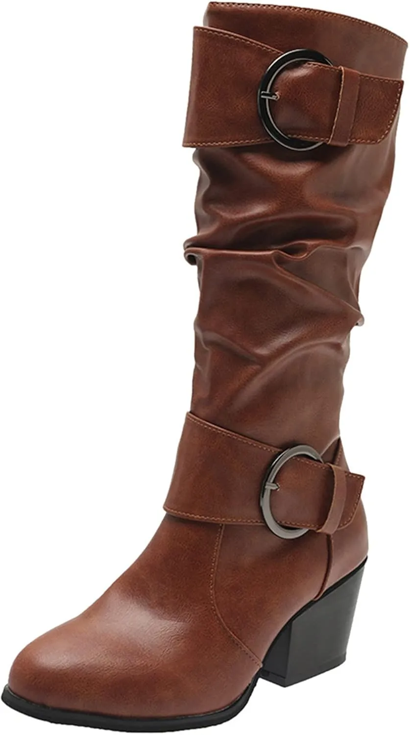 Gibobby Cowboy Boots for Women Square Toe Women Knee High Platform Boots Retro Ankle Boots Winter Short Boots 52