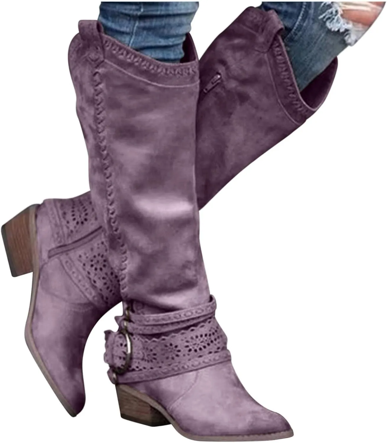 Gibobby Women Boots Mid Knee High Boots Chunky Heel Wide Calf Side Zipper Fashion Winter Shoes Cowboy Booties