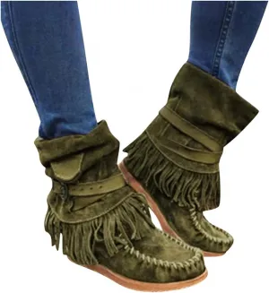Gibobby Women Boots Mid Knee High Boots Platform Heel Fringe Side Zipper Fashion Winter Shoes Cowboy Booties