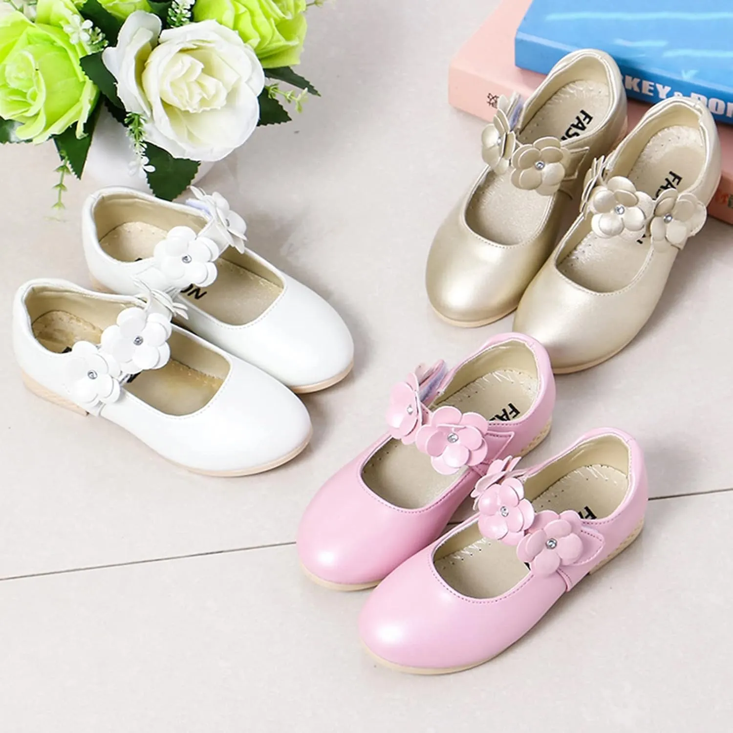 Girls Ballerina Flats Mary Jane Front Flower Dress Shoes for Wedding, Party, Walking,Toddler/Little Girls Ballet Shoes