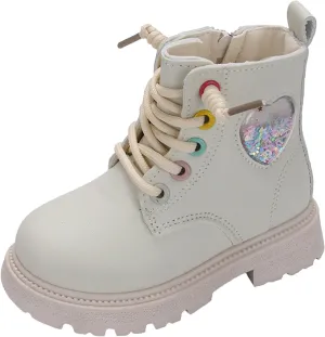 Girls Boots Lace Up Side Zip Combat Ankle Boots Fleece Lined Low Heel Short Warm Dress Booties for Toddler/Little Kids