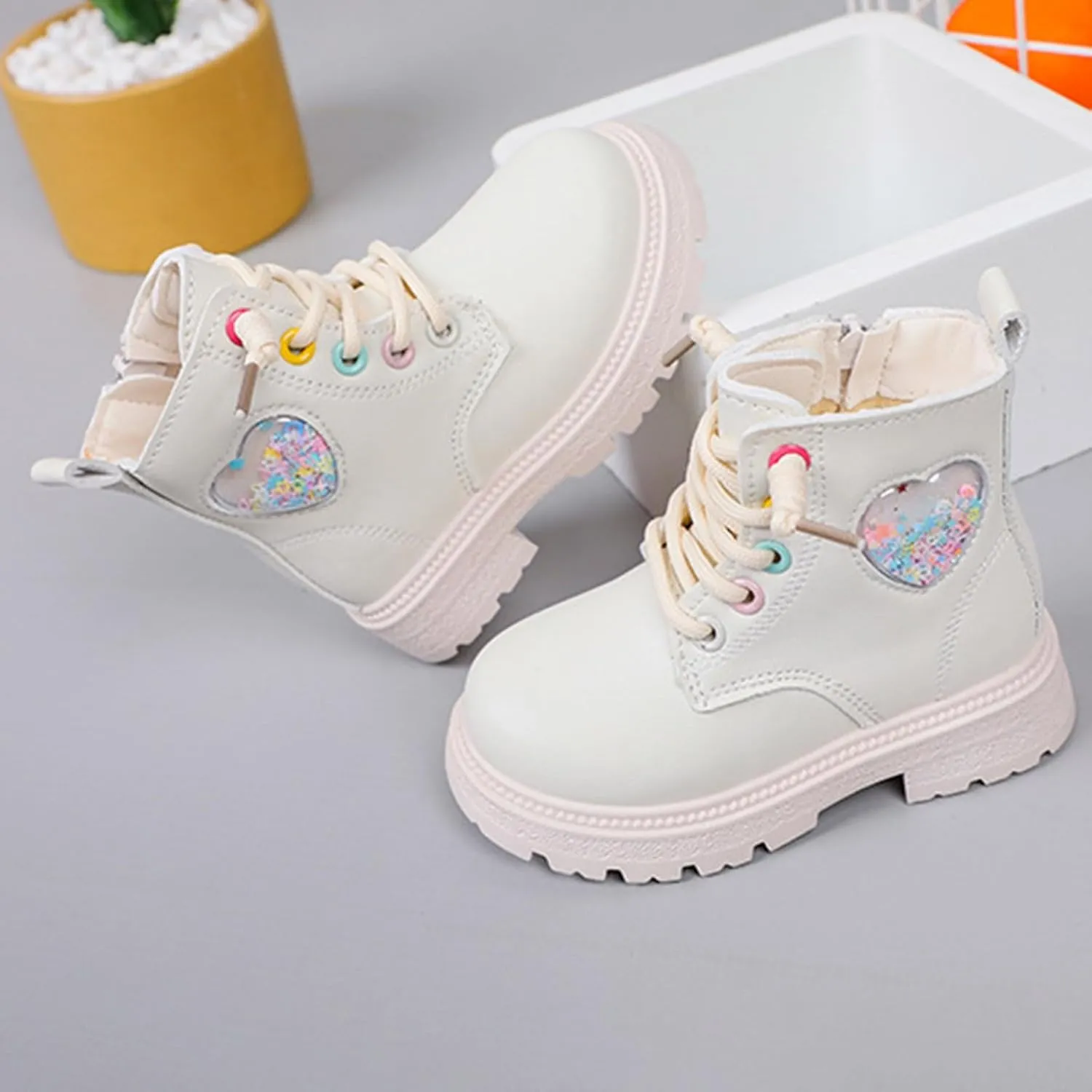 Girls Boots Lace Up Side Zip Combat Ankle Boots Fleece Lined Low Heel Short Warm Dress Booties for Toddler/Little Kids