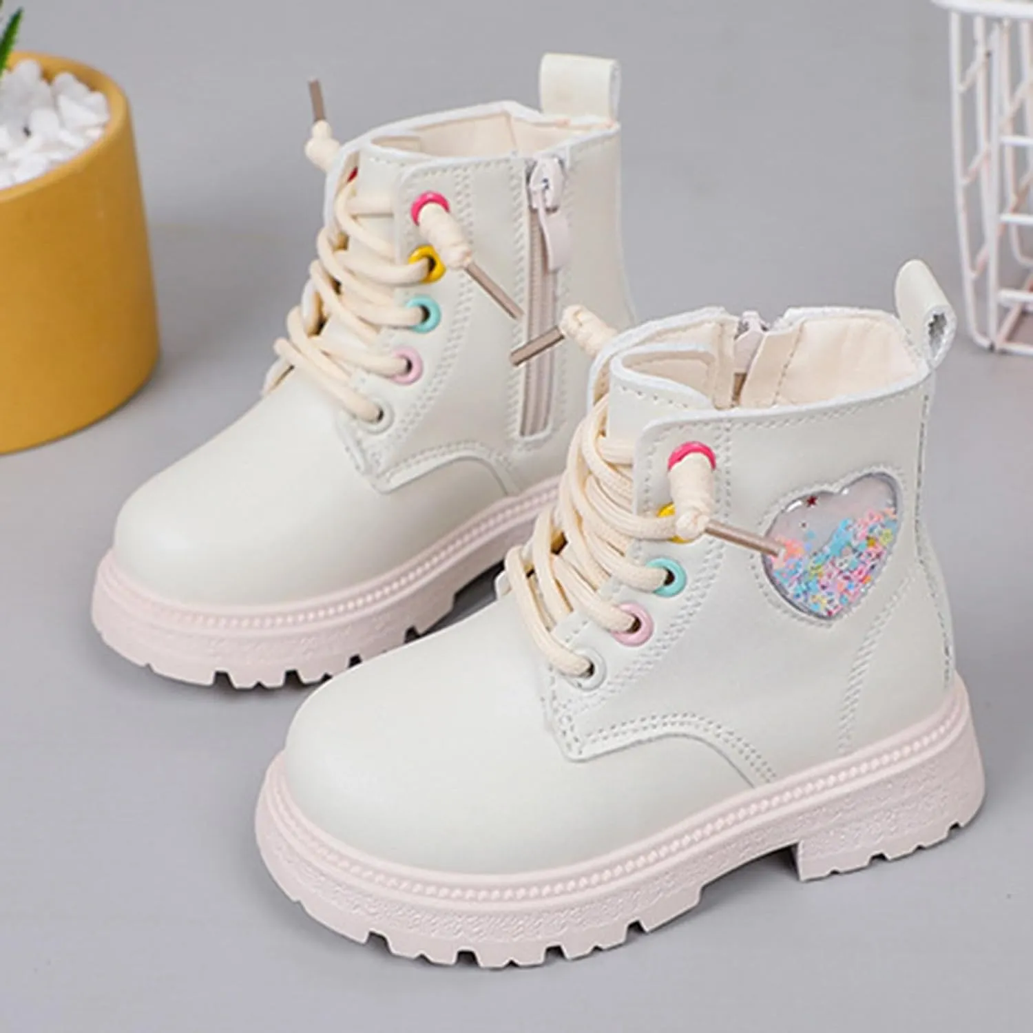 Girls Boots Lace Up Side Zip Combat Ankle Boots Fleece Lined Low Heel Short Warm Dress Booties for Toddler/Little Kids