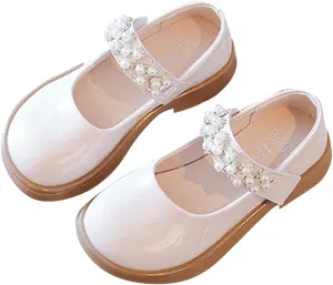 Girl's Mary Jane Dress Shoes Toddler Patent Leather Ballet Flat with Rhinestone Strap for Party Wedding School