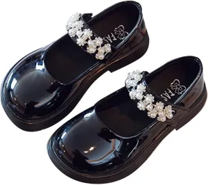 Girl's Mary Jane Dress Shoes Toddler Patent Leather Ballet Flat with Rhinestone Strap for Party Wedding School