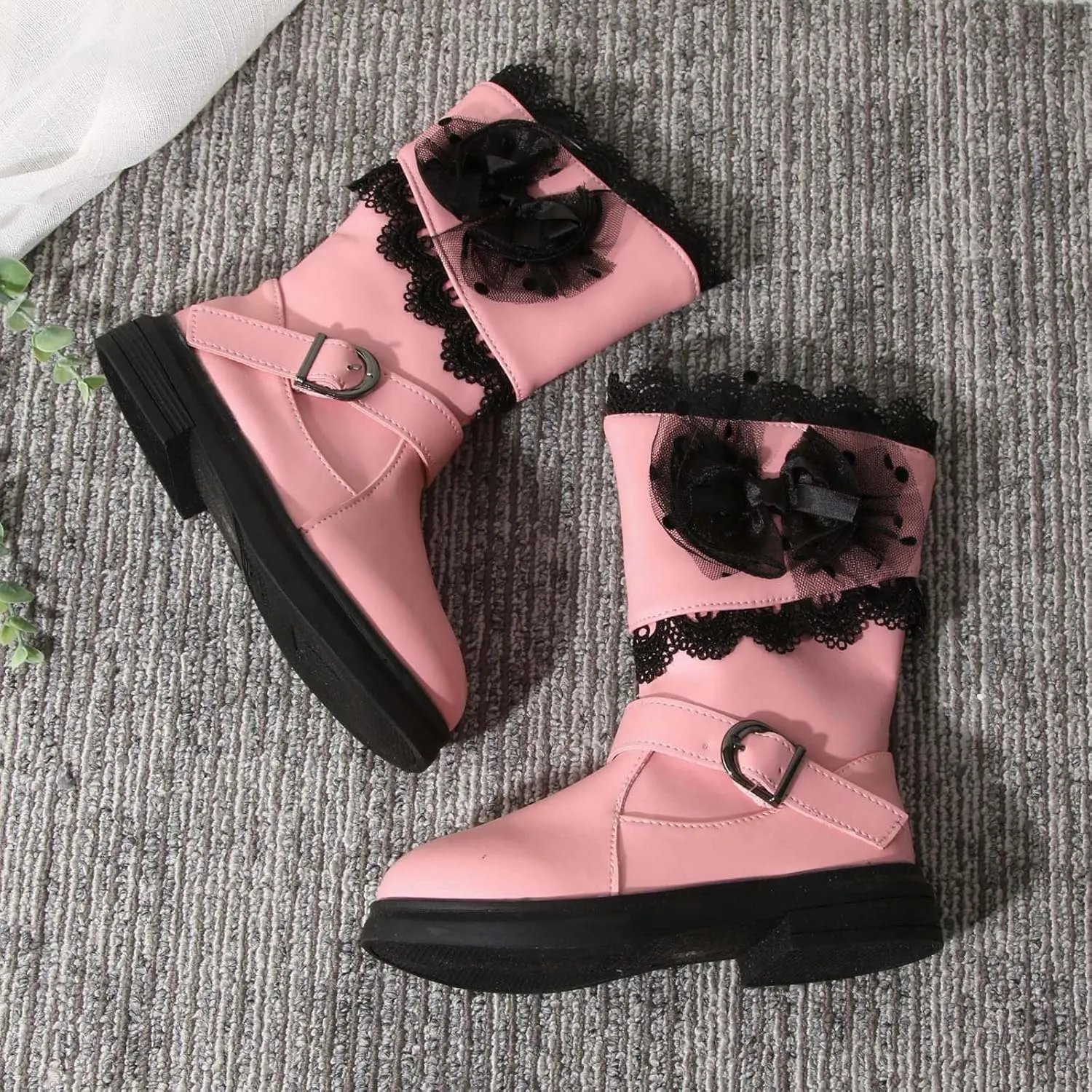 Girls Mid Calf Riding Boots Waterproof Side Zipper Long Boots Lace Bowknot Dress Boots Winter Warm Snow Boots