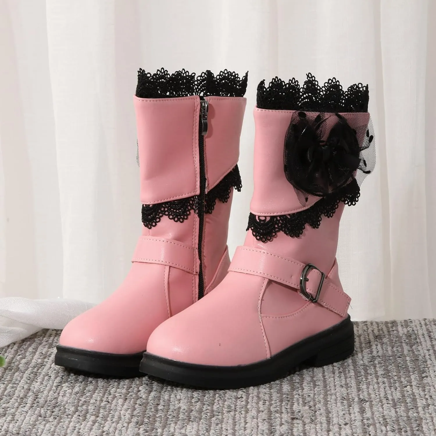 Girls Mid Calf Riding Boots Waterproof Side Zipper Long Boots Lace Bowknot Dress Boots Winter Warm Snow Boots