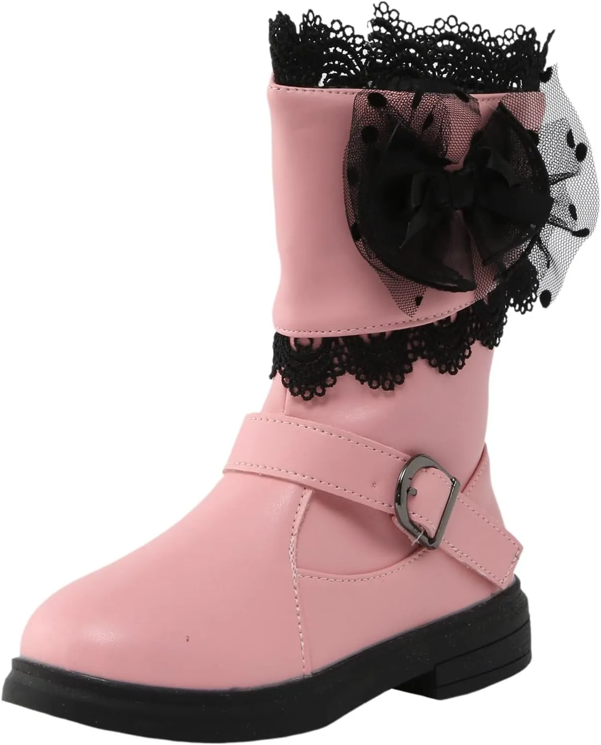 Girls Mid Calf Riding Boots Waterproof Side Zipper Long Boots Lace Bowknot Dress Boots Winter Warm Snow Boots