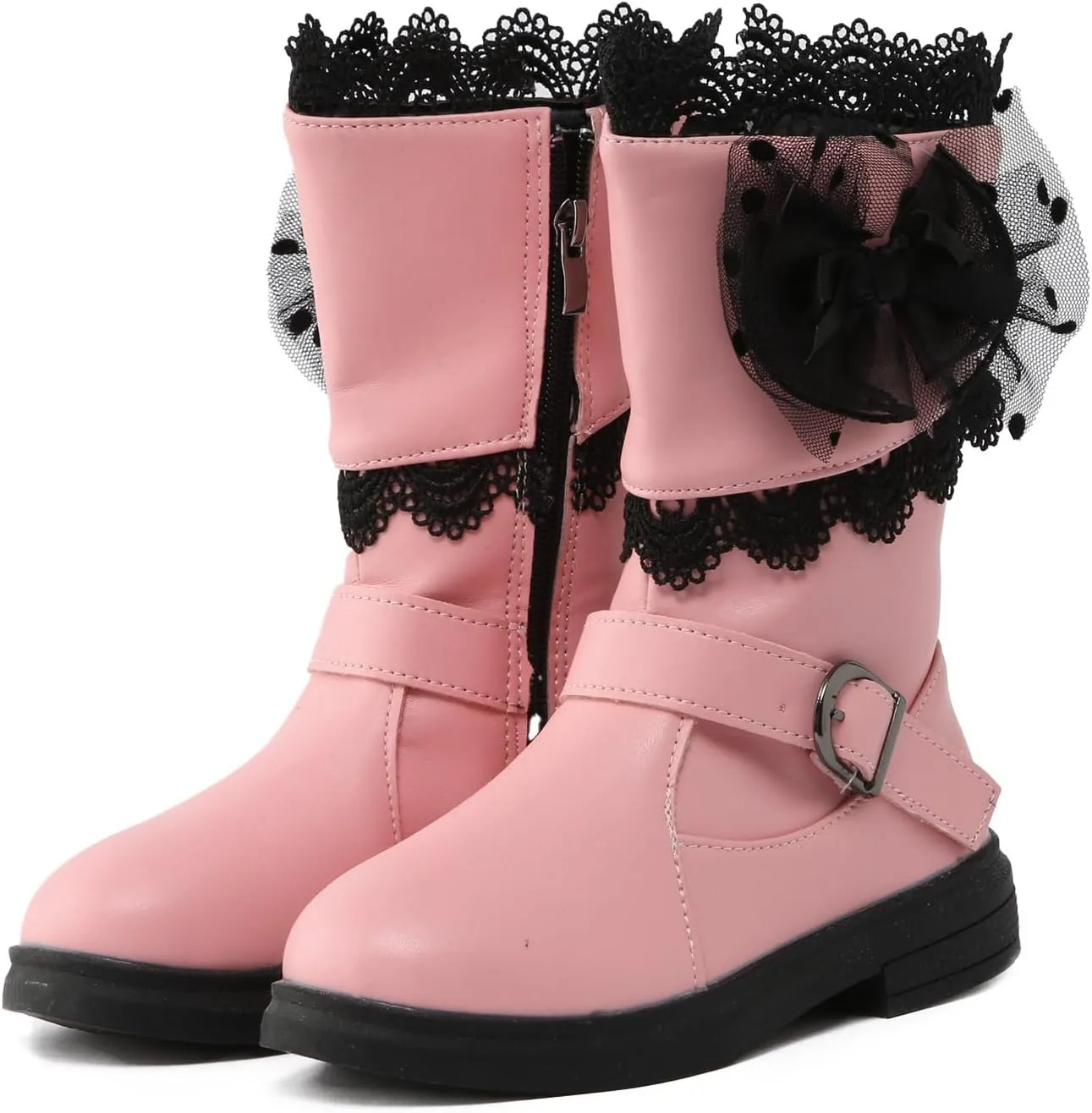 Girls Mid Calf Riding Boots Waterproof Side Zipper Long Boots Lace Bowknot Dress Boots Winter Warm Snow Boots